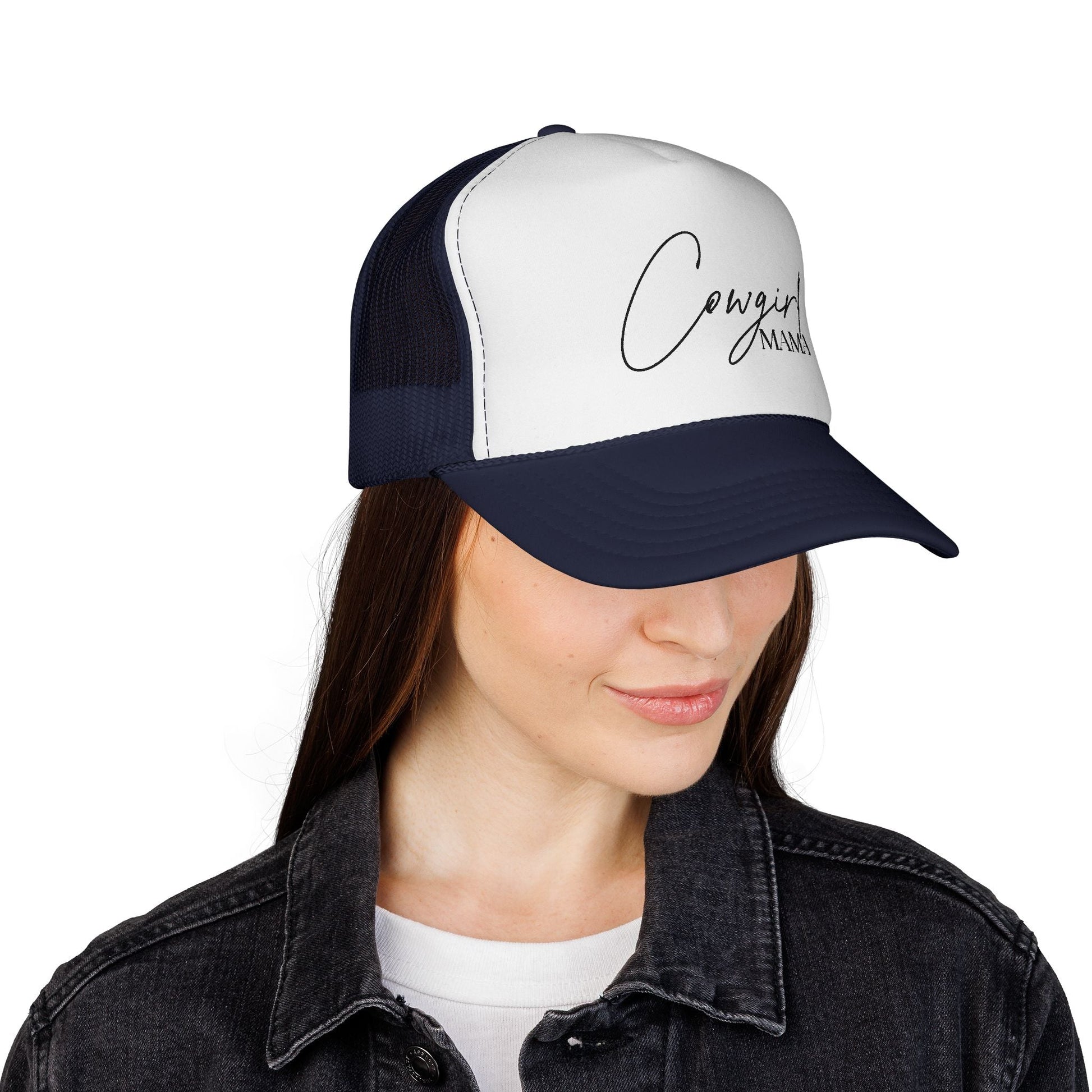Cowgirl Mama Trucker Cap — Script Logo Mesh Baseball Hat for Moms - Just Us Flynn’s