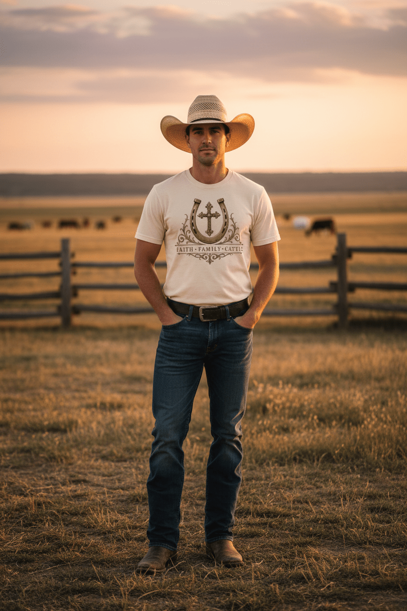 Faith Family Cattle Front T-Shirt - Just Us Flynn’s