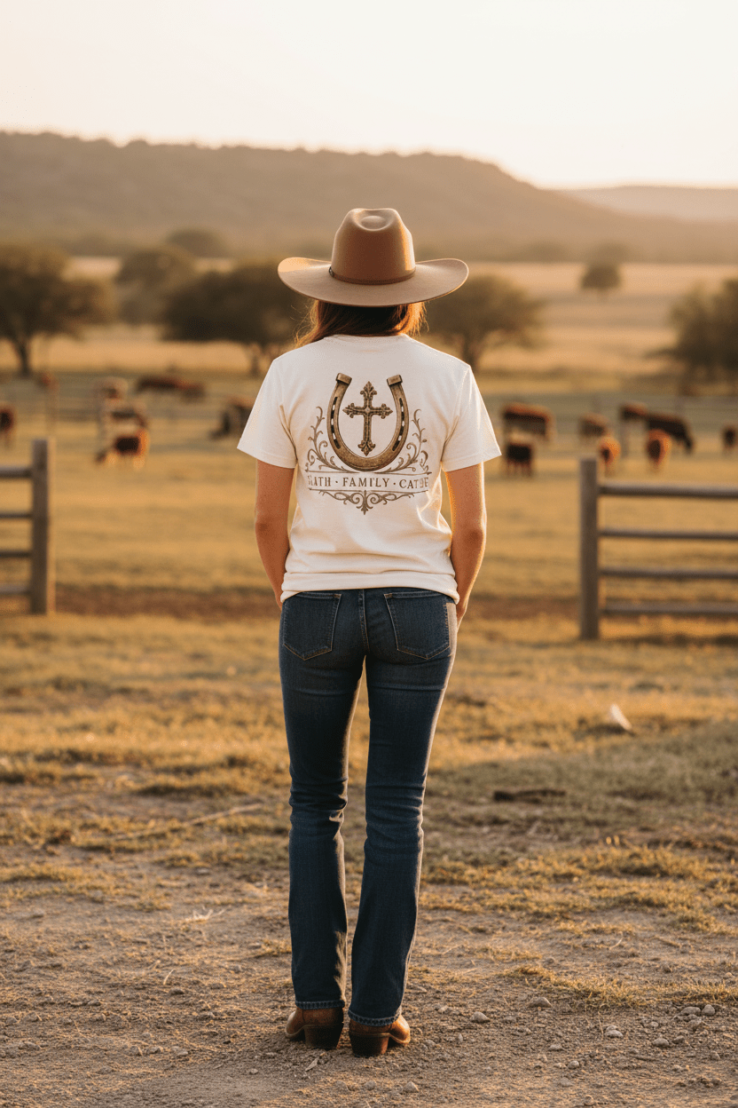 Faith Family Cattle Front/Back T-Shirt - Just Us Flynn’s