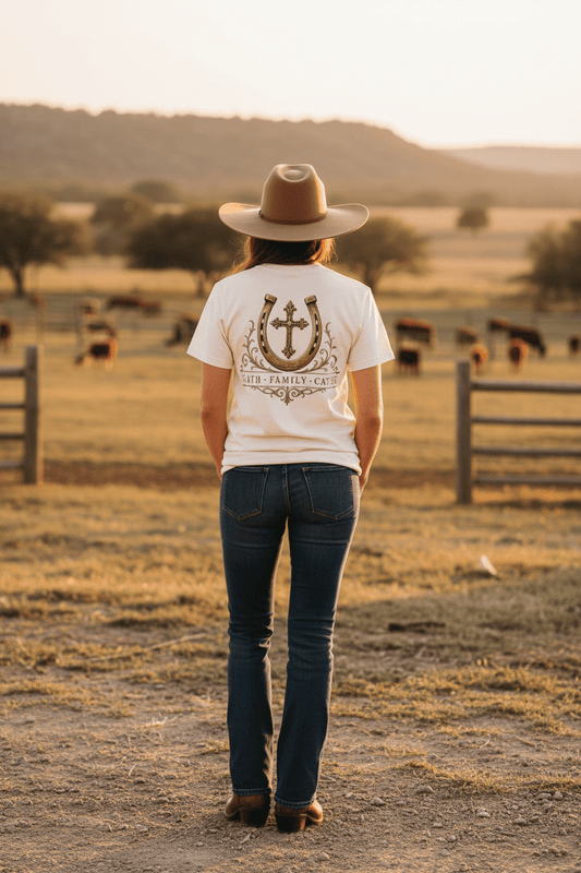 Faith Family Cattle Front/Back T-Shirt - Just Us Flynn’s