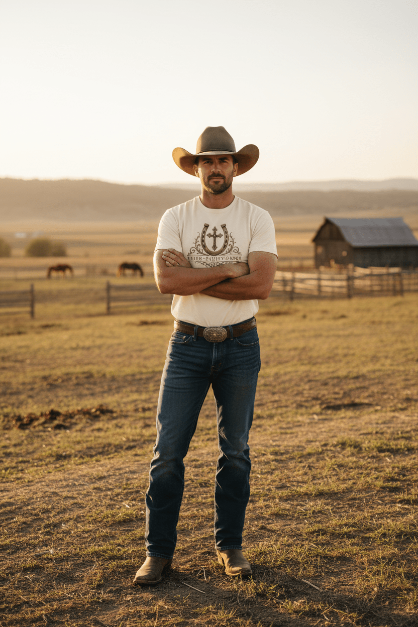 Faith Family Ranch Front T-Shirt - Just Us Flynn’s
