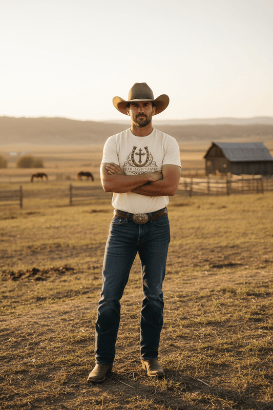 Faith Family Ranch Front T-Shirt - Just Us Flynn’s