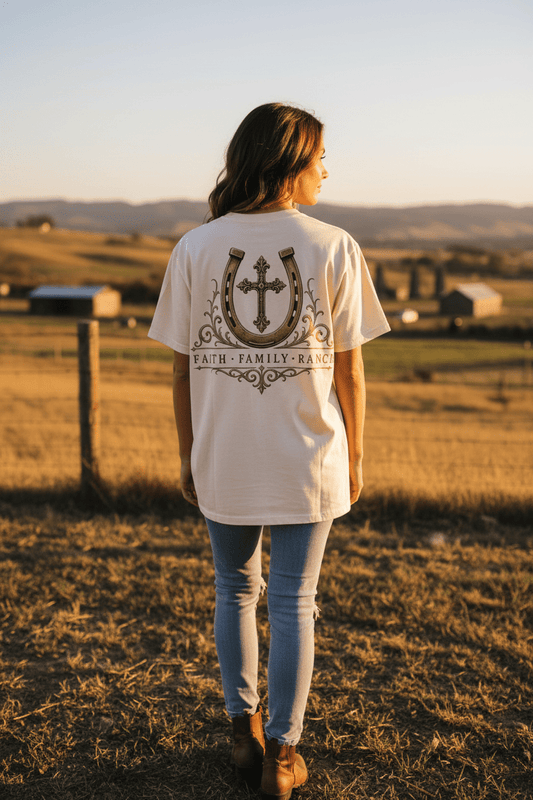 Faith Family Ranch Front/Back T-Shirt - Just Us Flynn’s